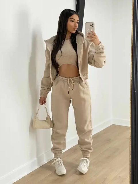 3pcs Women's Clothing Set Fleece-lined Hooded Sweater &Sleeveless Tank Top & Sports Sweatpants Pants