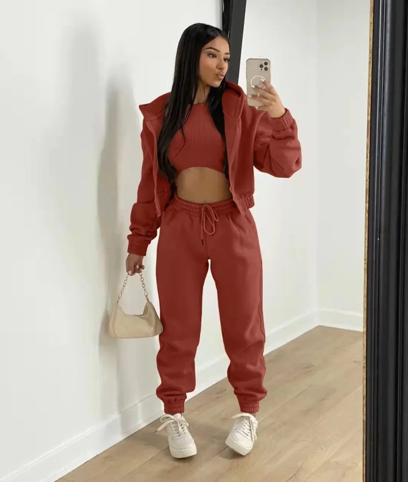 3pcs Women's Clothing Set Fleece-lined Hooded Sweater &Sleeveless Tank Top & Sports Sweatpants Pants - Image 2