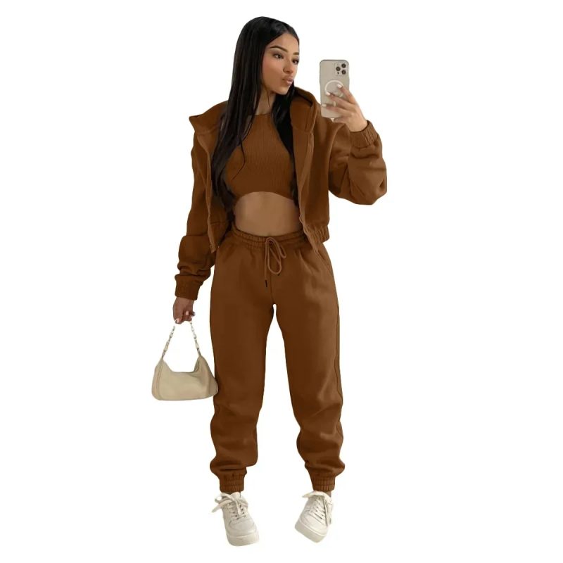 3pcs Women's Clothing Set Fleece-lined Hooded Sweater &Sleeveless Tank Top & Sports Sweatpants Pants - Image 9