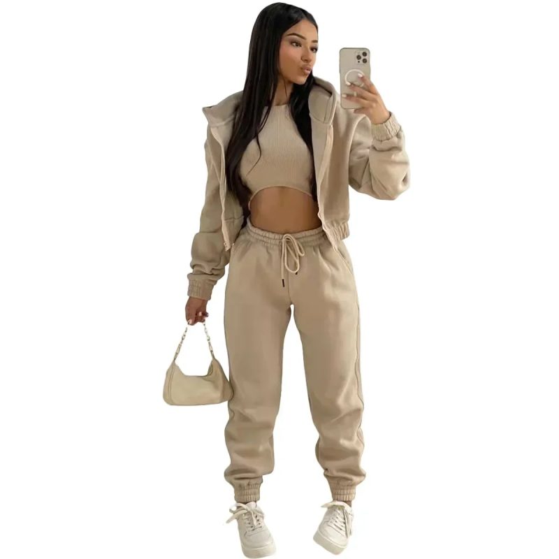 3pcs Women's Clothing Set Fleece-lined Hooded Sweater &Sleeveless Tank Top & Sports Sweatpants Pants - Image 10