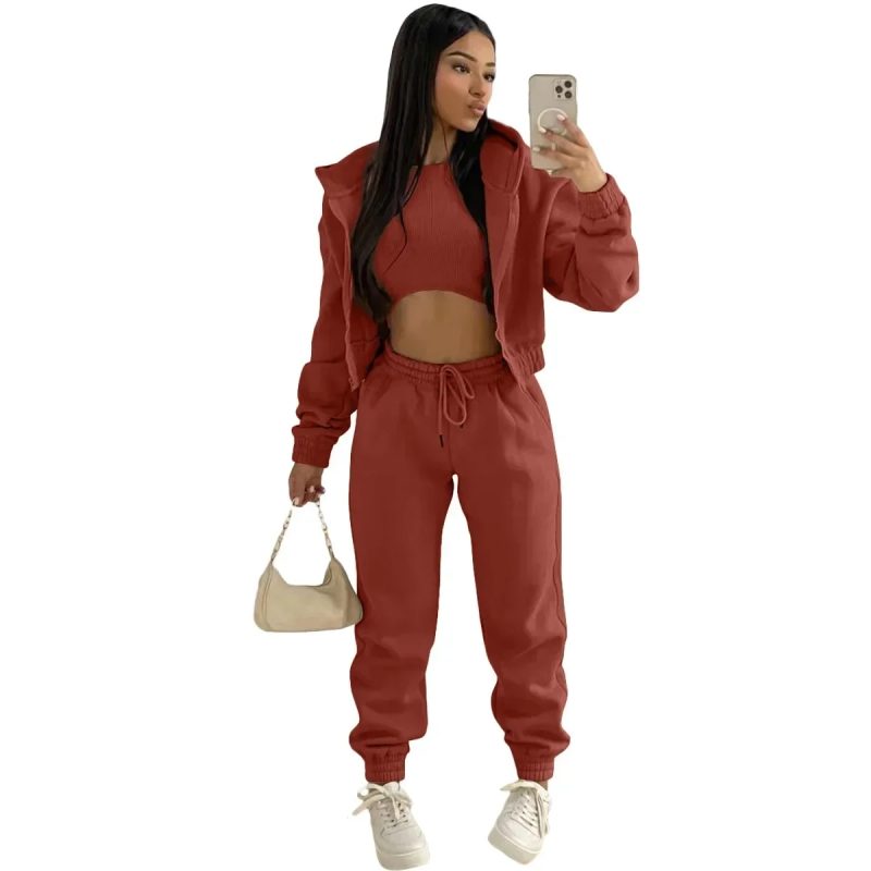 3pcs Women's Clothing Set Fleece-lined Hooded Sweater &Sleeveless Tank Top & Sports Sweatpants Pants - Image 12
