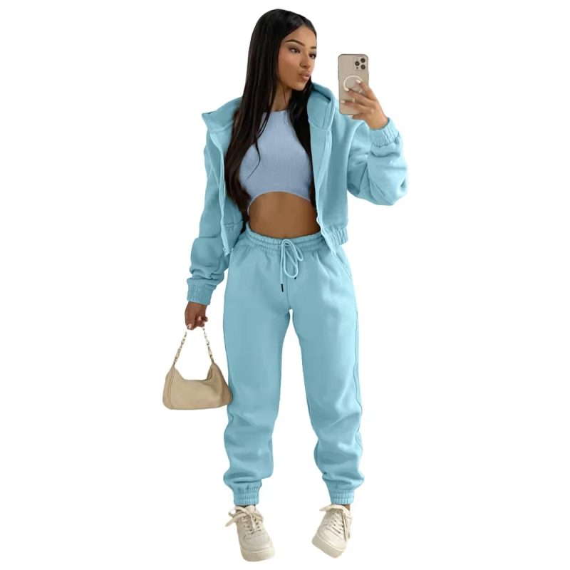 3pcs Women's Clothing Set Fleece-lined Hooded Sweater &Sleeveless Tank Top & Sports Sweatpants Pants - Image 14