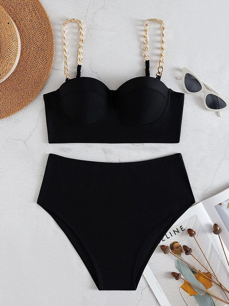 Push Up Bikini Hard Wrap Top Underwire Chain Shoulder Straps High Waist Bottom Swimwear Women Solid Swimming Beach Bathing Suit - Image 2