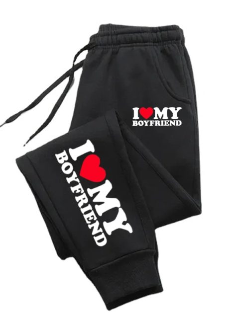 I Love My Boyfriend Print Men Women Sweatpants Fitting Sweat Pants Sports Leggings Casual Trouser Pocket Outdoor Joggers Couple