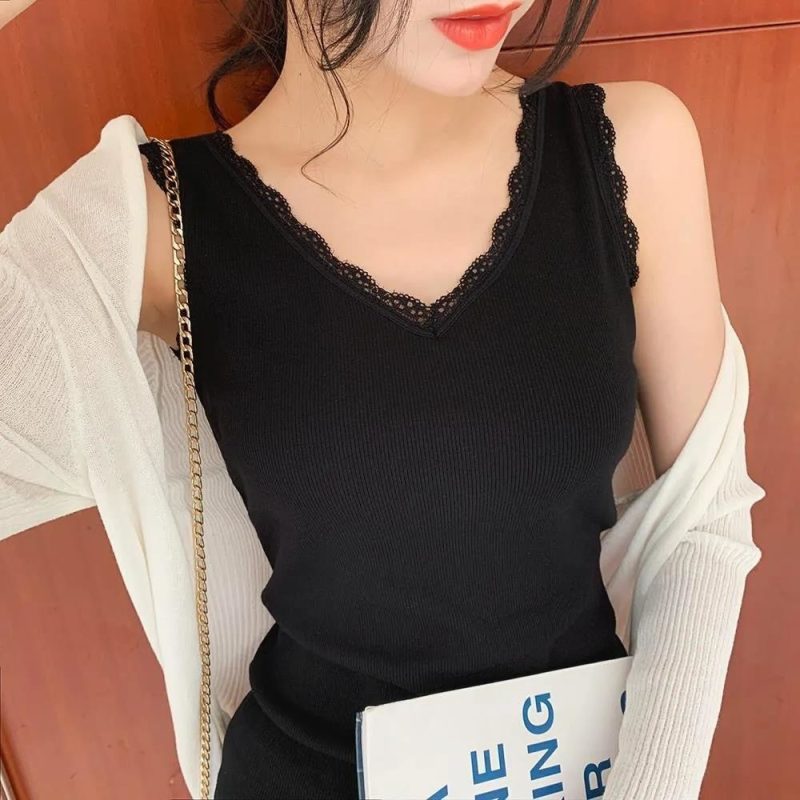 Women Cotton V-neck Vest With Lace Female Spring And Summer Versatile Thread Slim Fit Inside And Outside Crop Tank Top