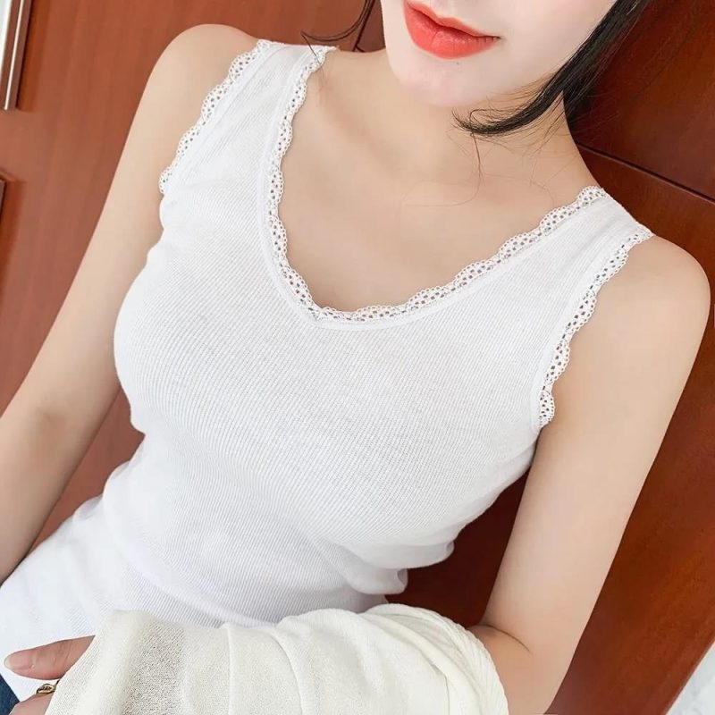 Women Cotton V-neck Vest With Lace Female Spring And Summer Versatile Thread Slim Fit Inside And Outside Crop Tank Top - Image 2
