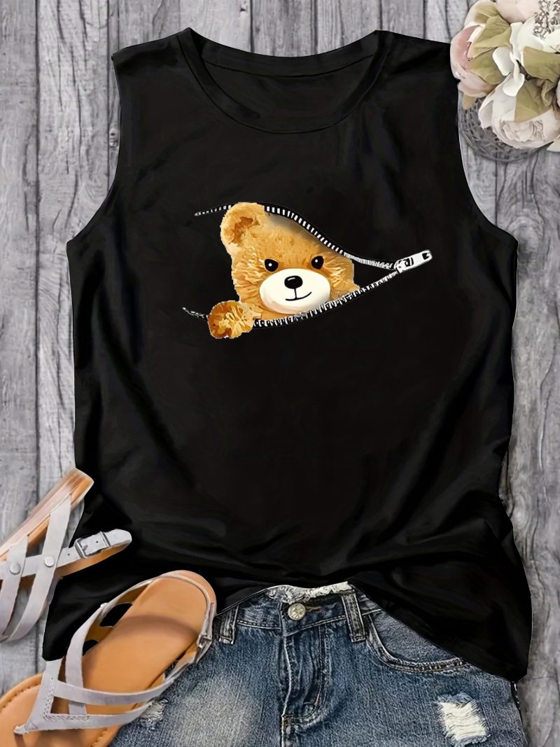 Women's Summer Bear cartoon Print Large Casual Round Neck Sleeveless Loose Tank Top T-shirt Tank Top T-shirt