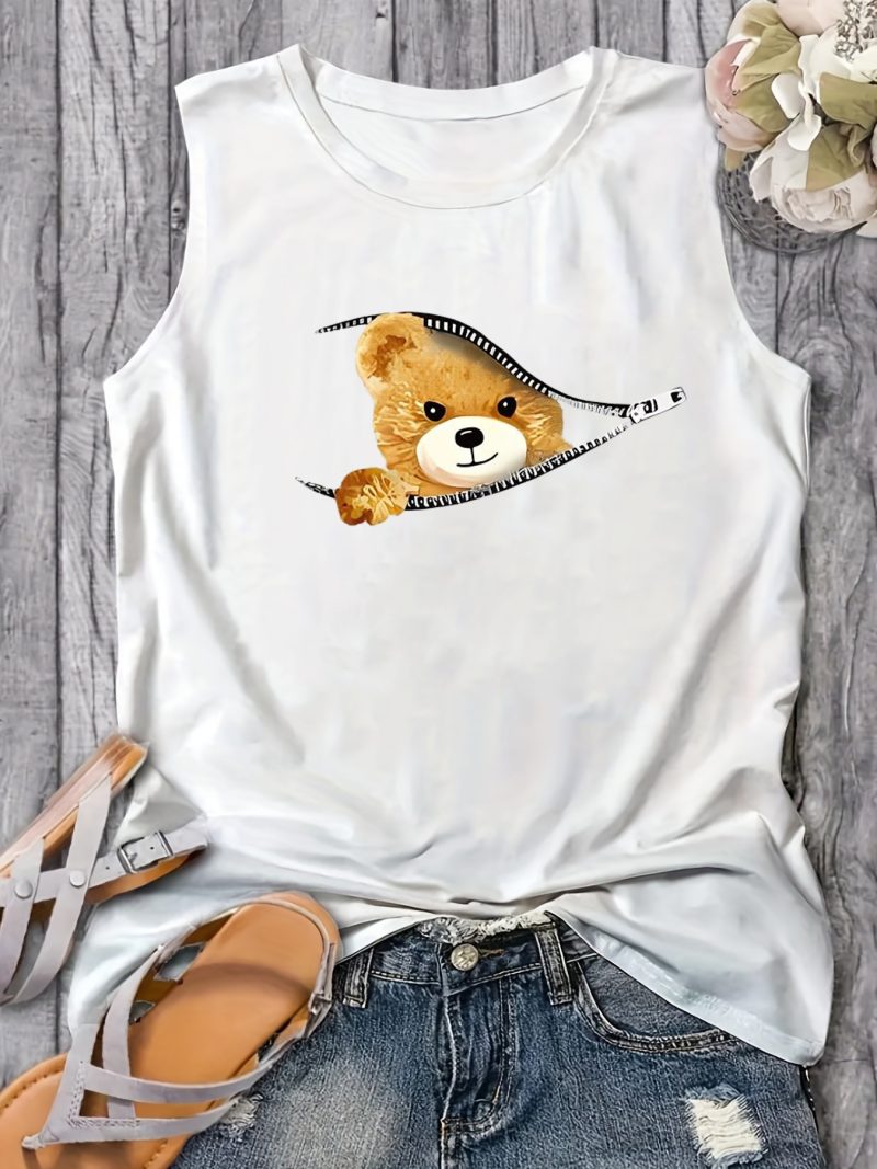 Women's Summer Bear cartoon Print Large Casual Round Neck Sleeveless Loose Tank Top T-shirt Tank Top T-shirt - Image 2