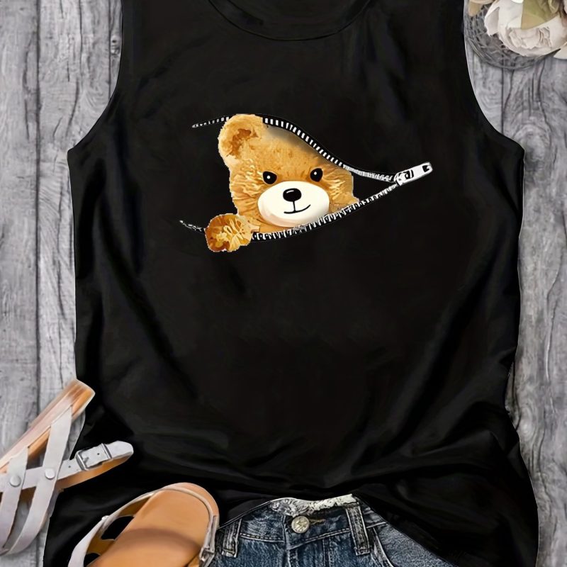 Women's Summer Bear cartoon Print Large Casual Round Neck Sleeveless Loose Tank Top T-shirt Tank Top T-shirt - Image 7