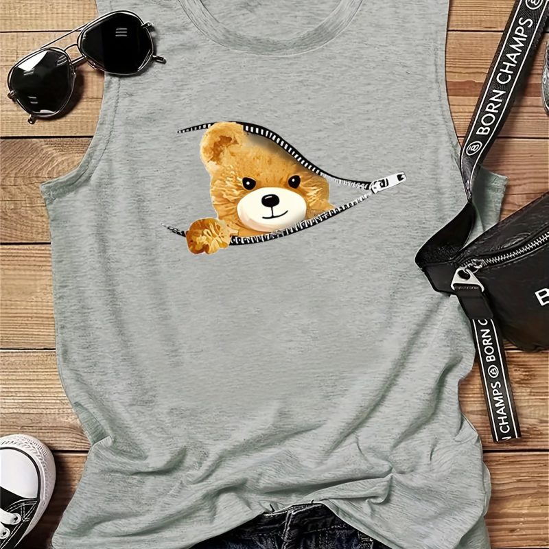 Women's Summer Bear cartoon Print Large Casual Round Neck Sleeveless Loose Tank Top T-shirt Tank Top T-shirt - Image 8