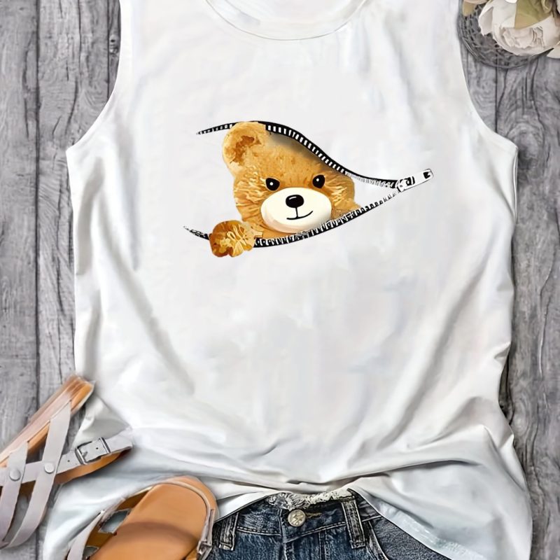 Women's Summer Bear cartoon Print Large Casual Round Neck Sleeveless Loose Tank Top T-shirt Tank Top T-shirt - Image 9