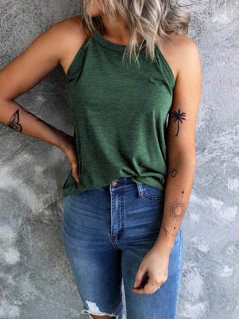 Women's Summer Sleeveless Halter Tee Shirts Crew Neck Workout Tank Tops Casual Plain Cami Shirts - Image 3