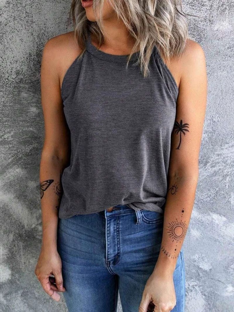 Women's Summer Sleeveless Halter Tee Shirts Crew Neck Workout Tank Tops Casual Plain Cami Shirts - Image 9