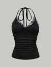 Sexy Lace V-neck Cropped Halter Tops For Women Summer 2025 Solid Color Casual Sleeveless Backless Ruched Tank Top Tee Shirt