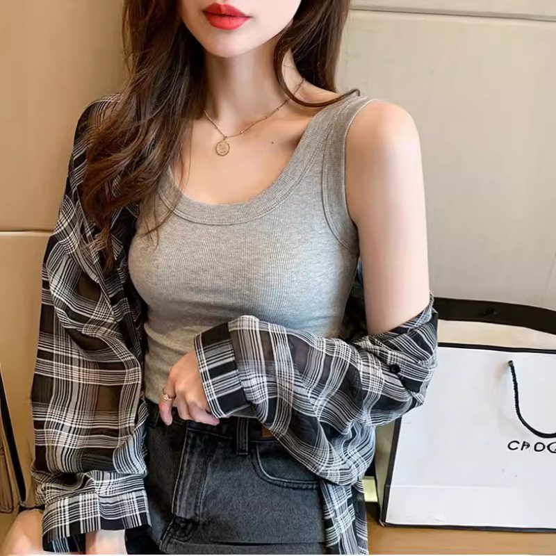 2024 summer new tank top women wearing fashion ins slim-fit Korean version halter short sleeve top bottom T-shirt woman - Image 2