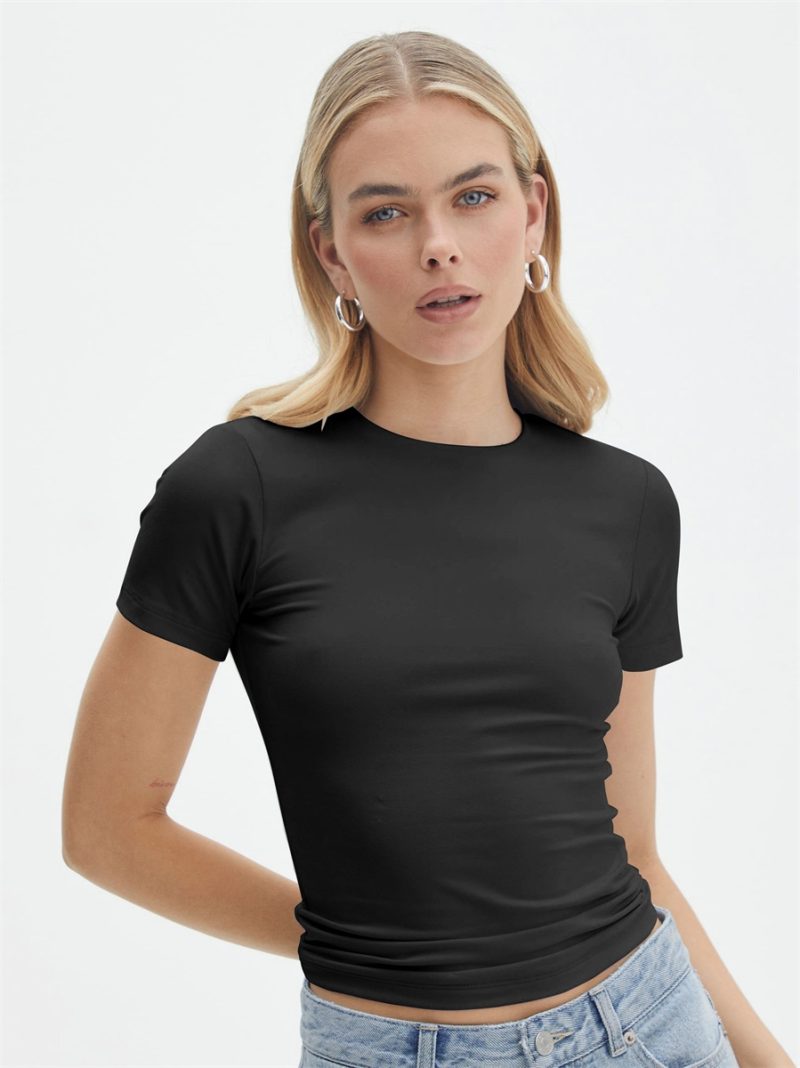 Short Sleeve T-Shirt Women Solid Simple Casual Soft All-Match Basic Crop Tops Tees Summer Fashion Skinny Tops Black White Tshirt - Image 7