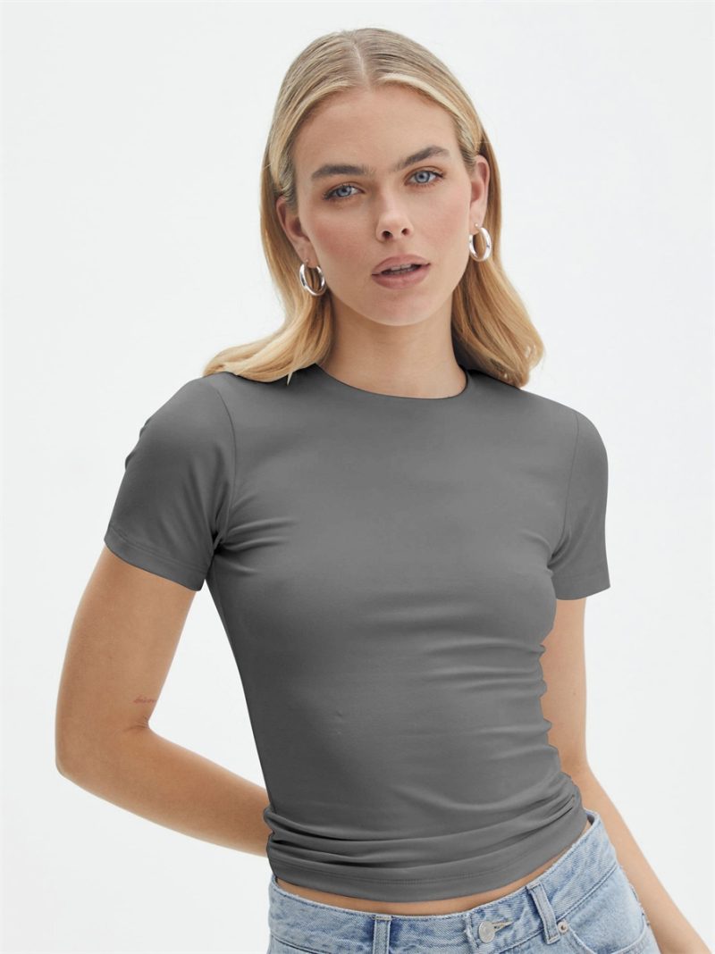 Short Sleeve T-Shirt Women Solid Simple Casual Soft All-Match Basic Crop Tops Tees Summer Fashion Skinny Tops Black White Tshirt - Image 9