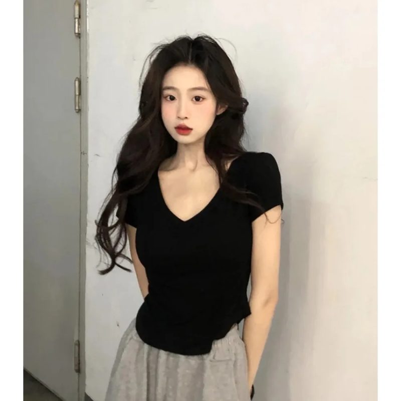 Sexy V-neck Short Sleeve T-shirts for Women Summer New Tees Top Black White Basic Tshirt Y2K Korean Style Women's Clothes 2024 - Image 2