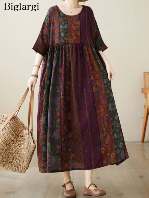 Oversized Summer Midi Dress Women Flower Floral Print Fashion Loose Ruffle Ladies Dresses Pleated Casual A-Line Woman Dress