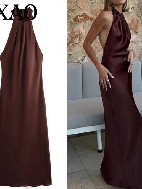 HXAO Halter Satin Long Dress Women Tied Backless Brown Midi Dress Summer Off Shoulder Party Dresses Pleated Evening Dress