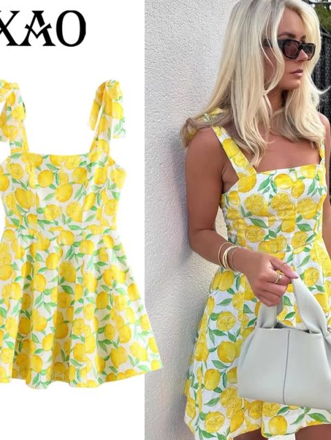 HXAO Woman Fruit Print Slip Dress Tied Sleeveless Yellow Short Dresses Summer Backless Mini Dress Women Beach Holiday Dresses