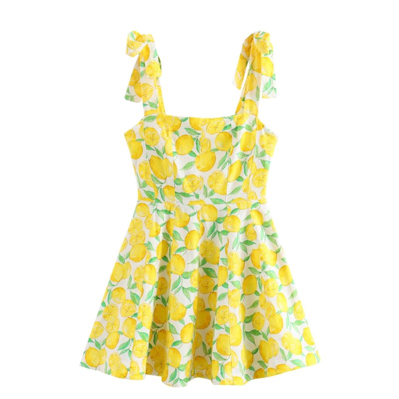 HXAO Woman Fruit Print Slip Dress Tied Sleeveless Yellow Short Dresses Summer Backless Mini Dress Women Beach Holiday Dresses - Image 8
