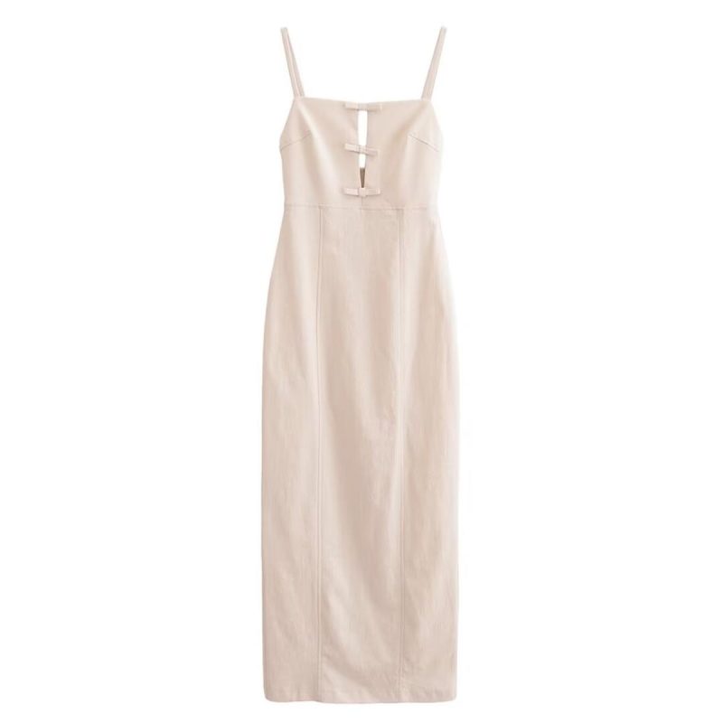 TRAF Vintage Women Casual Chic Solid Bow Dress Backless Split Straight Strap Long Dress New Fashion 2024 Autumn Female Dress
