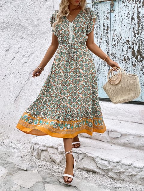 Elegant Short Ruffle Sleeve Elastic Waist Large Swing Maxi Boho Dress for Women Summer Light Floral Viscose Dresses Outfits