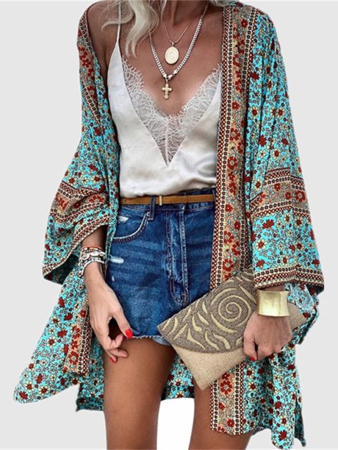 Summer Floral Printed Beach Cover Up Tops Bohemian Kimono Women Long Sleeve Cardigan Casual Loose Holiday Blouse Shirt Cover Up