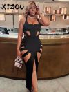 XIZOU Hollow Sexy Dress Women Summer New Sleeveless Split Solid Skinny Stretch Maxi Bodycon Clubwear Coquette Slim Vestidos