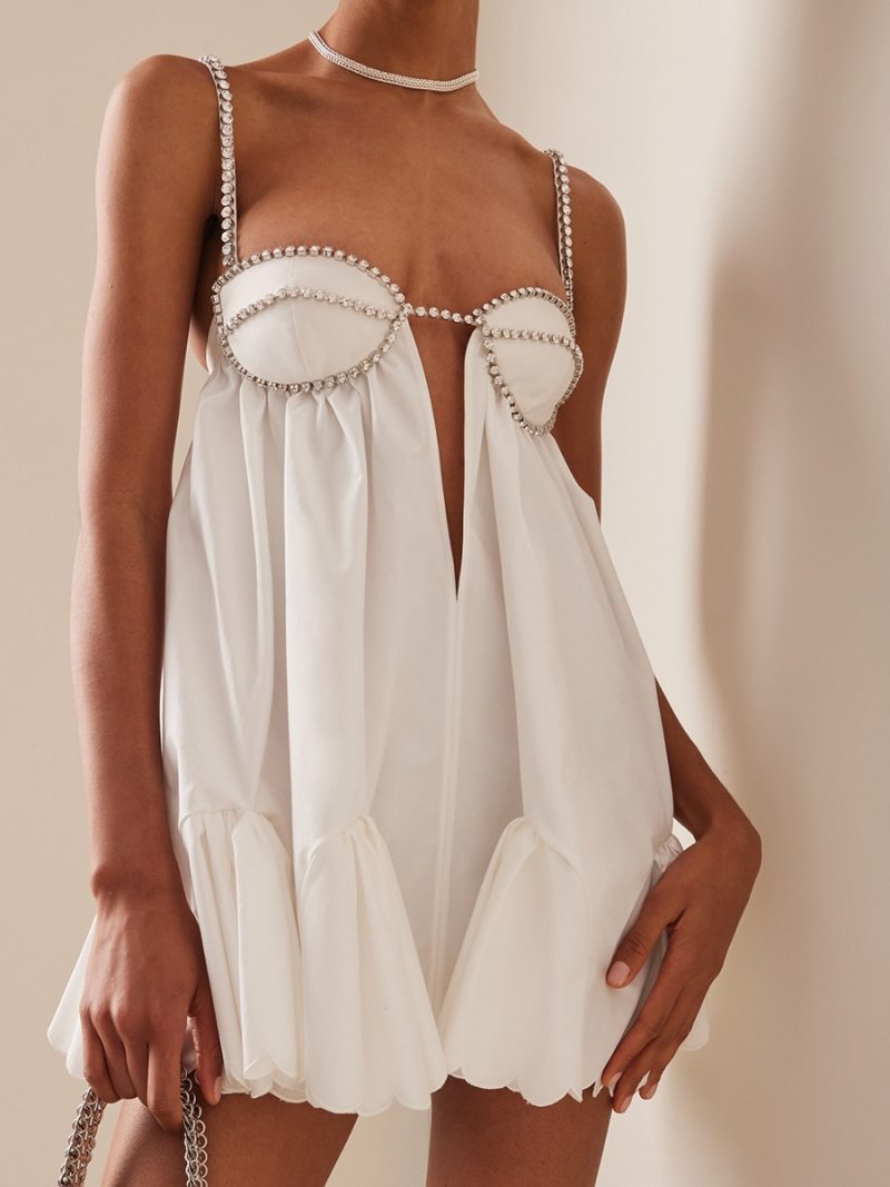 Women Loose Spaghetti Strap Dress Summer Crystal Rhinestone Cutout Cocktail Party Mini A-line Dress for Beach Nightclub - Image 3
