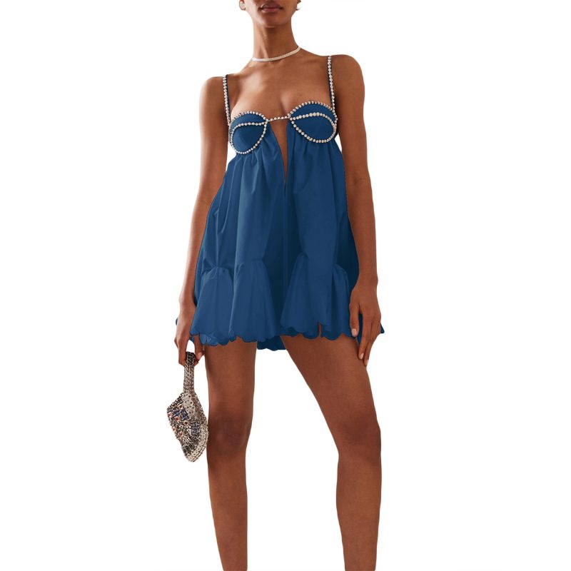 Women Loose Spaghetti Strap Dress Summer Crystal Rhinestone Cutout Cocktail Party Mini A-line Dress for Beach Nightclub - Image 6