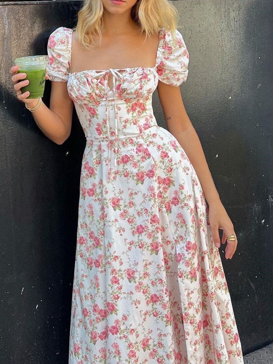 Women's Y2k Square Neck Floral Long Dress Puff Short Sleeve Tie Front Split Midi Dress Low Cut Summer Holiday Boho Maxi Dress