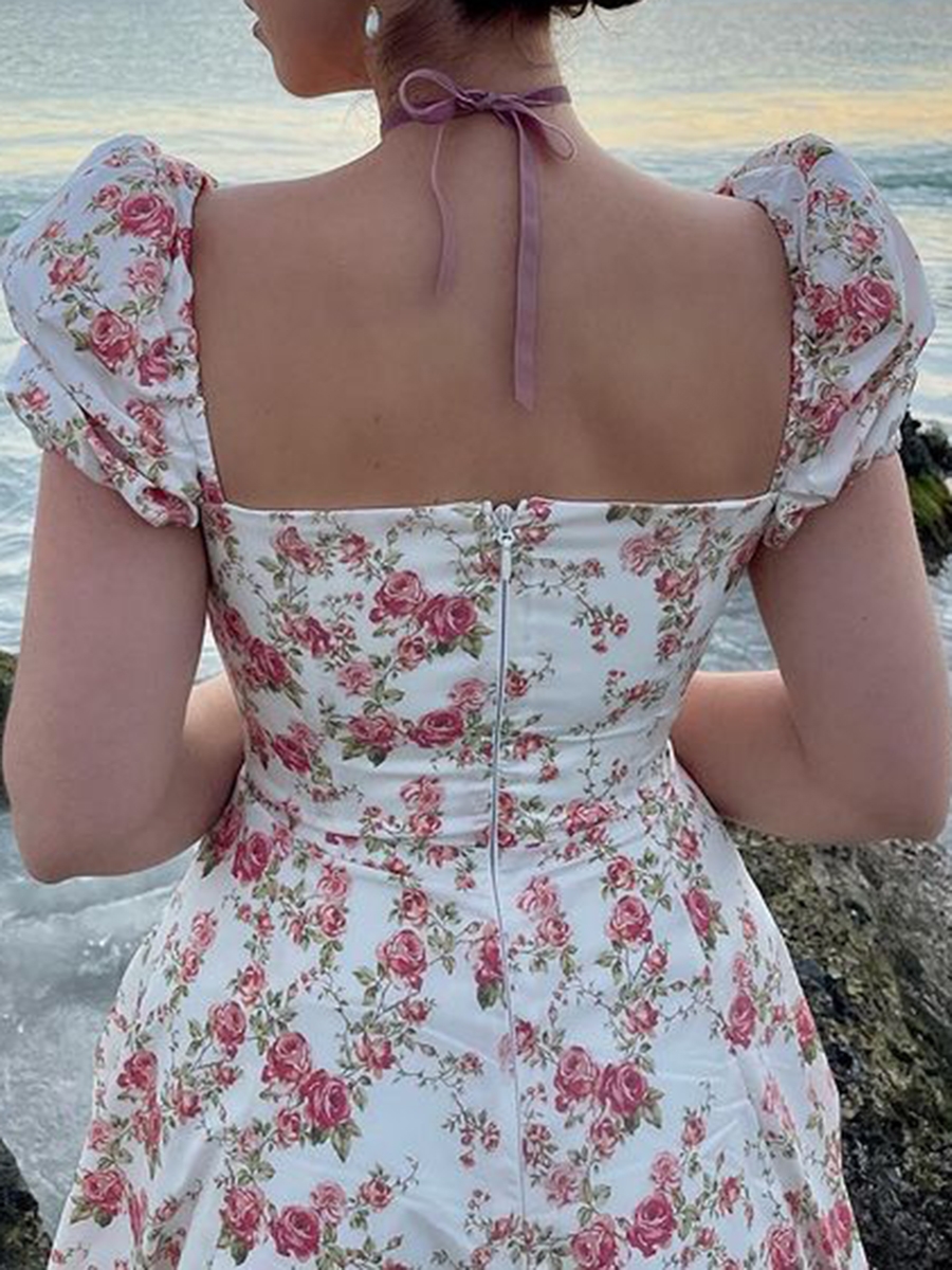 Women's Y2k Square Neck Floral Long Dress Puff Short Sleeve Tie Front Split Midi Dress Low Cut Summer Holiday Boho Maxi Dress - Image 3