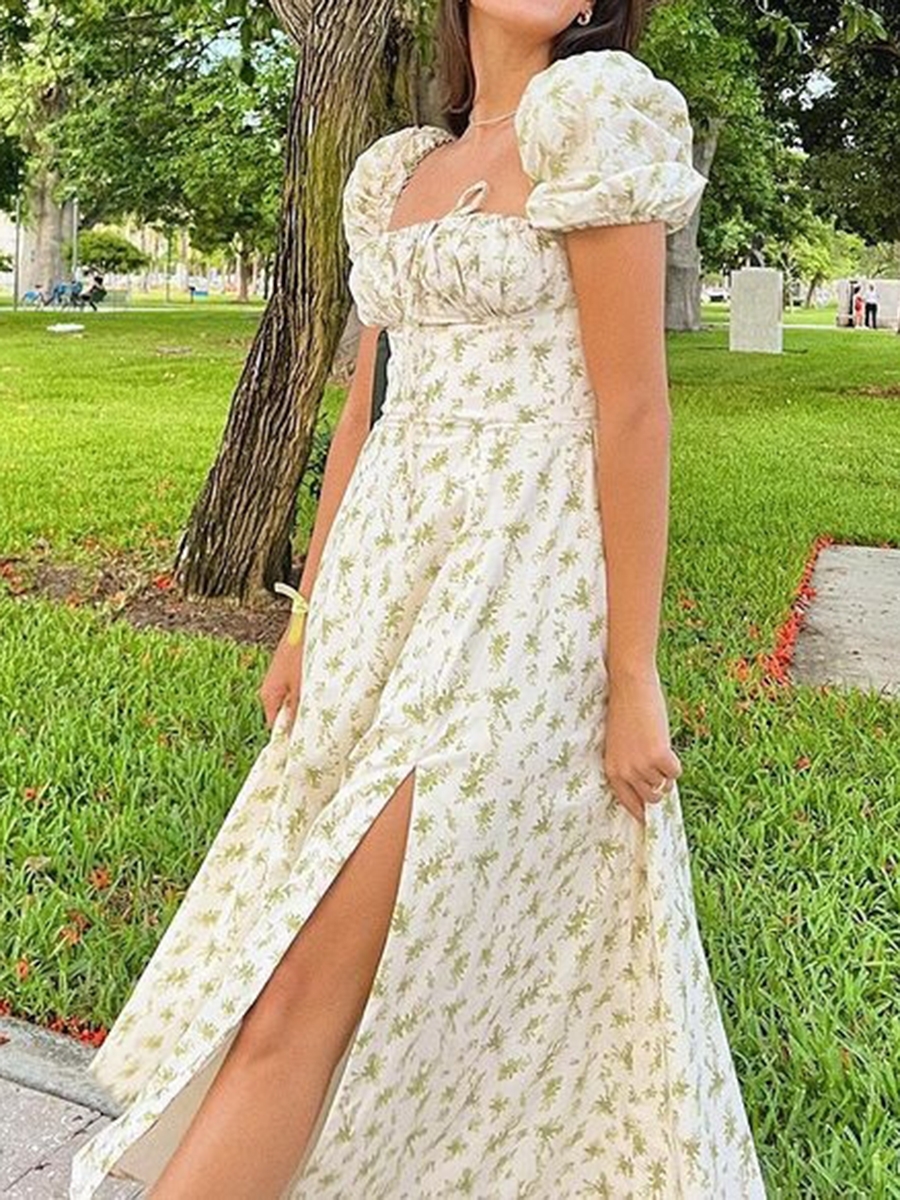 Women's Y2k Square Neck Floral Long Dress Puff Short Sleeve Tie Front Split Midi Dress Low Cut Summer Holiday Boho Maxi Dress - Image 4
