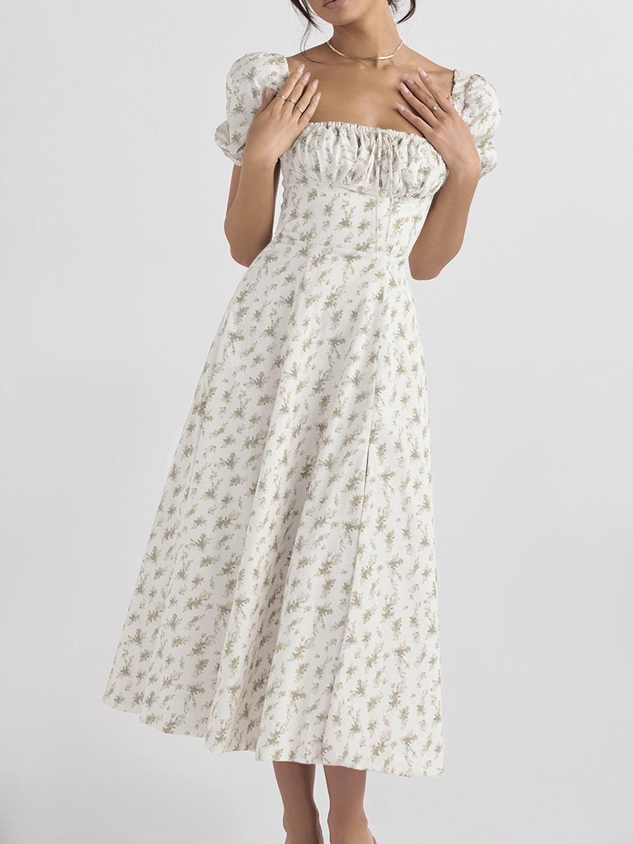 Women's Y2k Square Neck Floral Long Dress Puff Short Sleeve Tie Front Split Midi Dress Low Cut Summer Holiday Boho Maxi Dress - Image 5