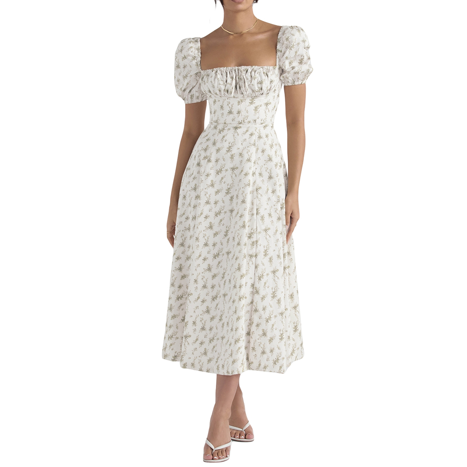 Women's Y2k Square Neck Floral Long Dress Puff Short Sleeve Tie Front Split Midi Dress Low Cut Summer Holiday Boho Maxi Dress - Image 8