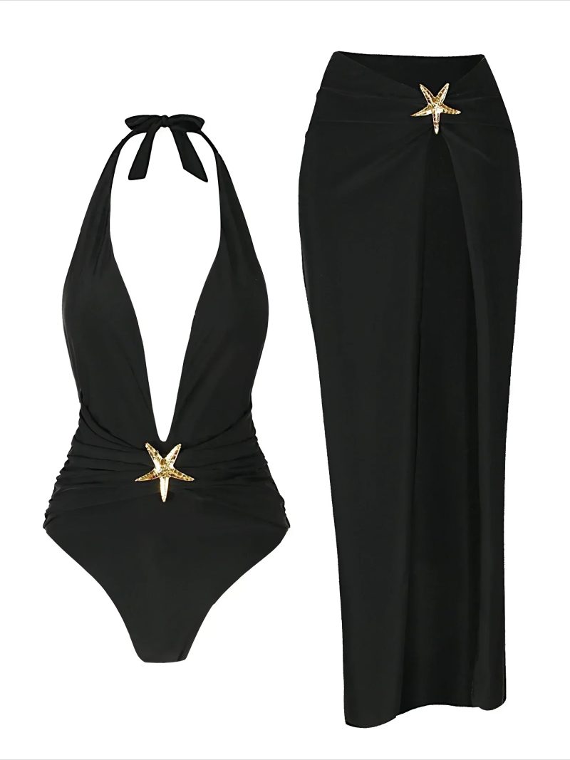 2 Piece Swimsuits for Elegant Women Starfish One Piece Bathing Suits with High Split Skirt Cover ups Sexy Halter Bikini Sets K59 - Image 3