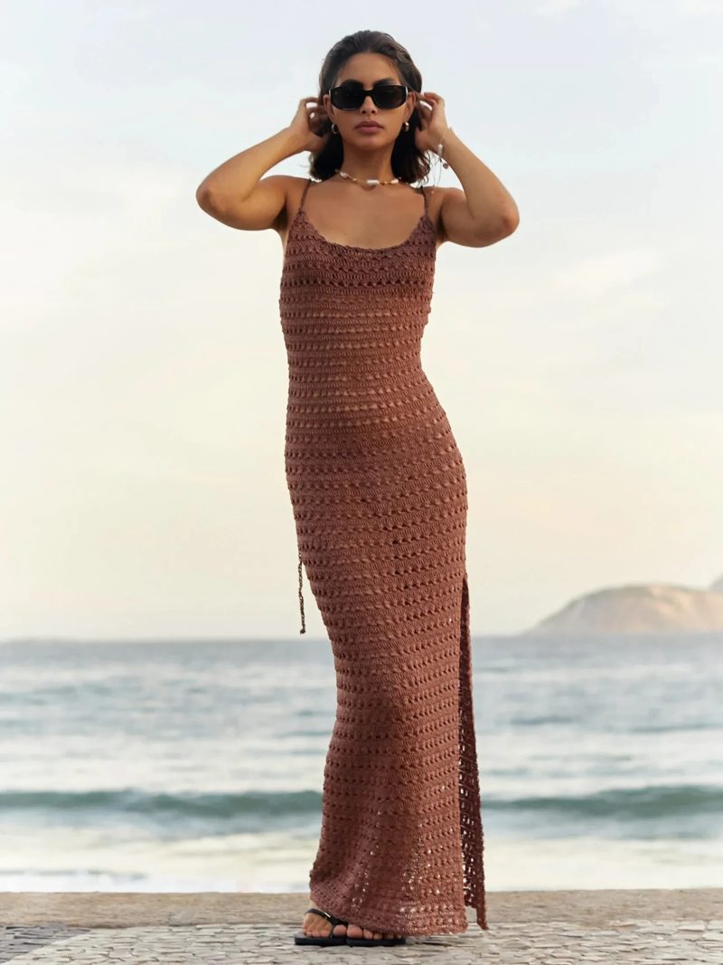 Sexy Knit Cut Out Tassel Spaghetti Strap Bodycon Beach Maxi Dress Summer Women's Holiday Club Party Outfit Swimsuit Cover Up K10 - Image 30