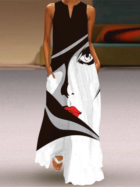 Fashion V-Neck Printed Sleeveless Women Maxi Dress Summer Casual Loose Straight Beach Long Dresses Ladies Sundress Lady Vestidos