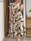 ZANZEA Summer OL Work Ruffle Sleeve Women Midi Dress Casual Floral Print A-line Vestidos V Neck Waist Party Sundress Oversized