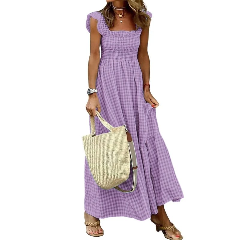 Elegant Plaid Slip Maxi Long Dress Summer Women Strapless Ruffle Backless Pleated Elastic Waist Boho Party Swing Loose Dresses - Image 8