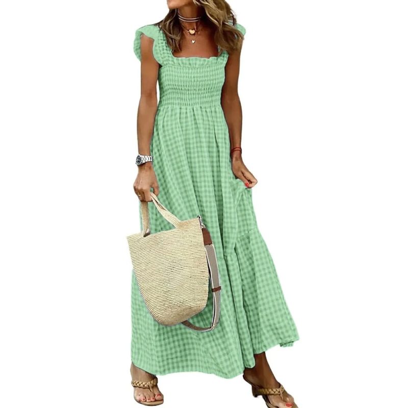 Elegant Plaid Slip Maxi Long Dress Summer Women Strapless Ruffle Backless Pleated Elastic Waist Boho Party Swing Loose Dresses - Image 10