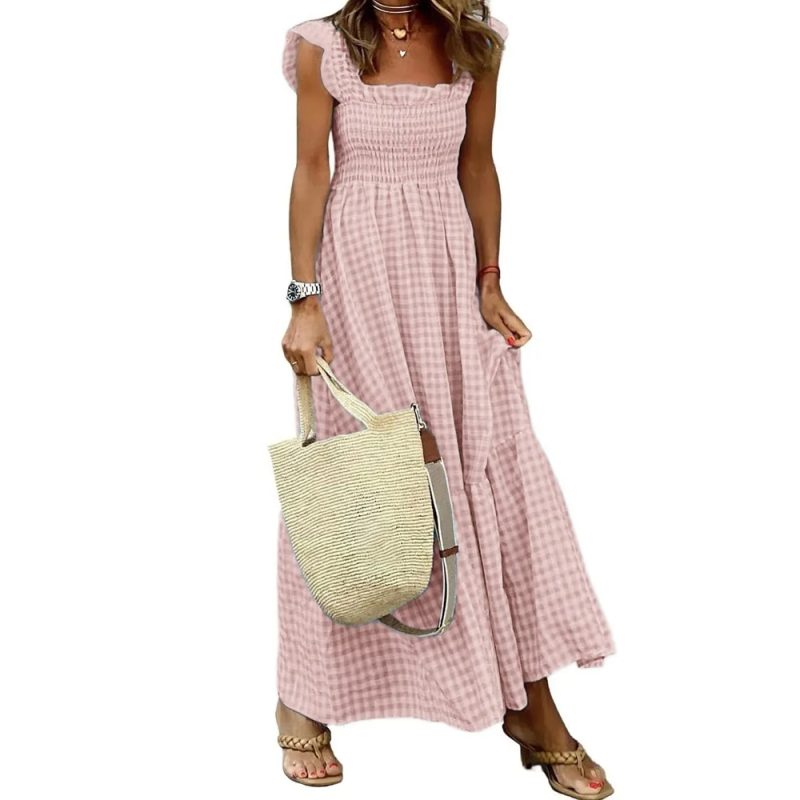 Elegant Plaid Slip Maxi Long Dress Summer Women Strapless Ruffle Backless Pleated Elastic Waist Boho Party Swing Loose Dresses - Image 11