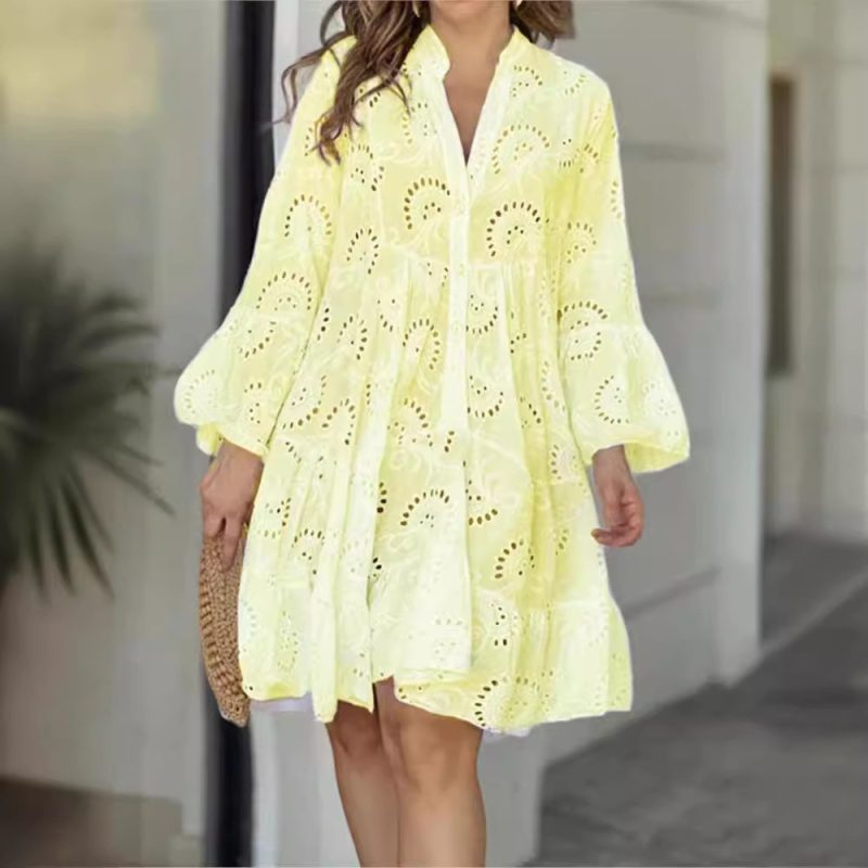 Spring Summer New Women's Dress Solid Color V-neck Embroidered Hollow Lace Flower Sexy Dress Loose Casual Broken Copper Dress - Image 2