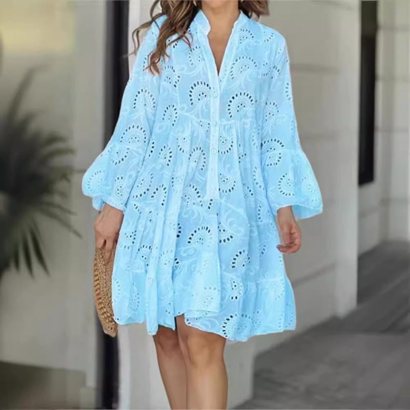 Spring Summer New Women's Dress Solid Color V-neck Embroidered Hollow Lace Flower Sexy Dress Loose Casual Broken Copper Dress - Image 3