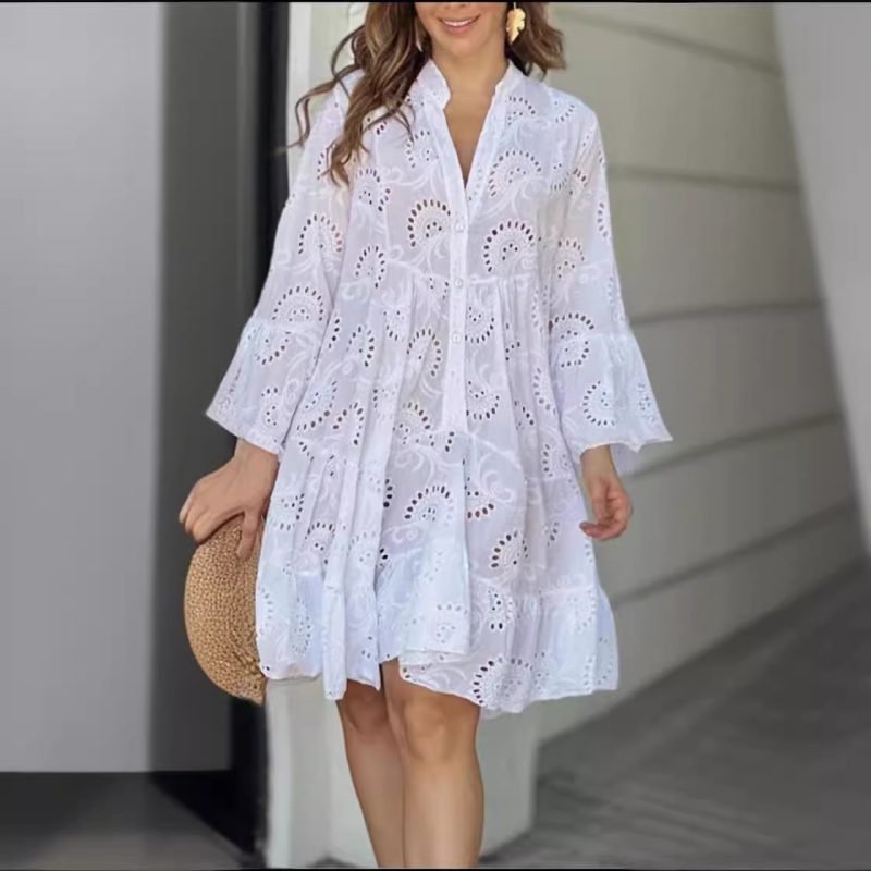 Spring Summer New Women's Dress Solid Color V-neck Embroidered Hollow Lace Flower Sexy Dress Loose Casual Broken Copper Dress - Image 4