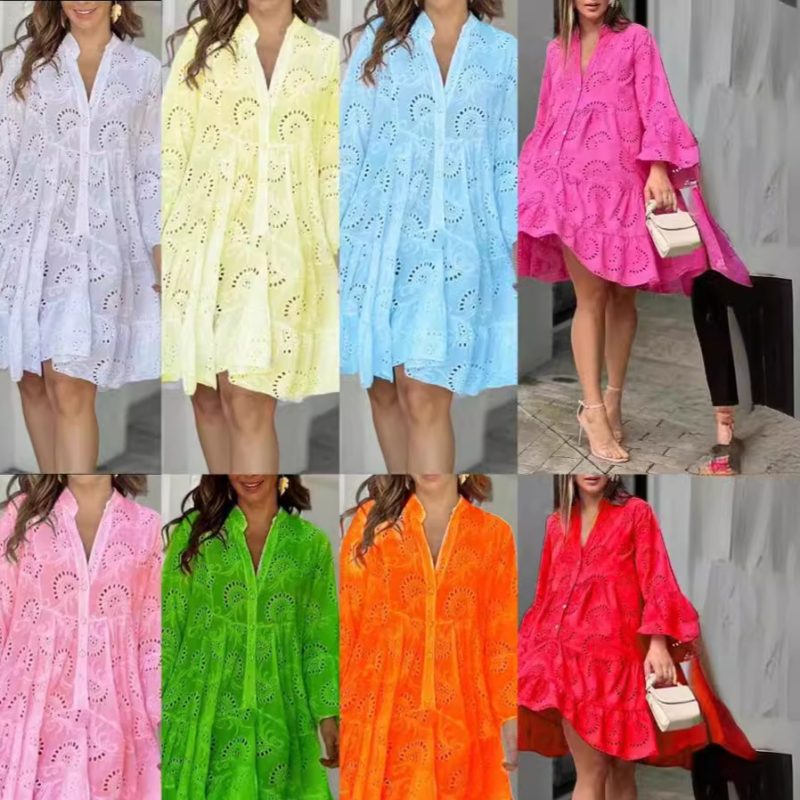 Spring Summer New Women's Dress Solid Color V-neck Embroidered Hollow Lace Flower Sexy Dress Loose Casual Broken Copper Dress - Image 6