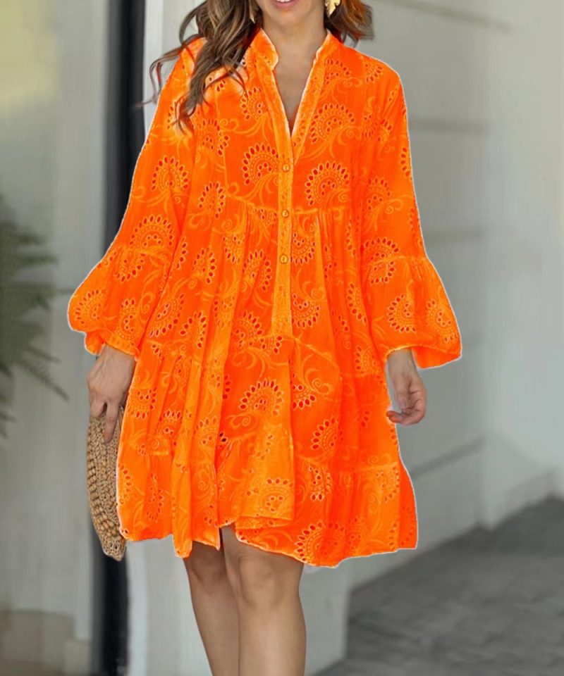 Spring Summer New Women's Dress Solid Color V-neck Embroidered Hollow Lace Flower Sexy Dress Loose Casual Broken Copper Dress - Image 9