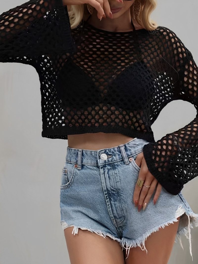 Mesh Crochet Beach Shirt Women Solid Cover Up Ladies Long Sleeve Tops 2025 Sexy Beachwear Bathers Swim Bathing Suit - Image 5